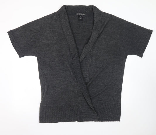 Nina Leonard Women Grey 2XL Short Sleeve Knit Cardigan