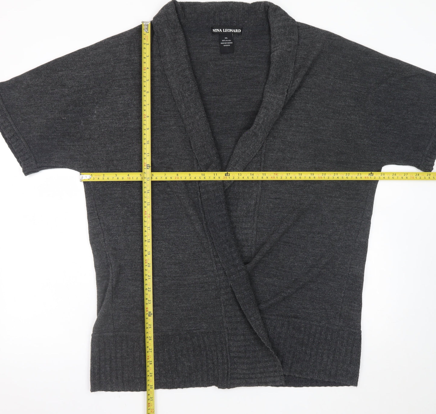 Nina Leonard Women Grey 2XL Short Sleeve Knit Cardigan