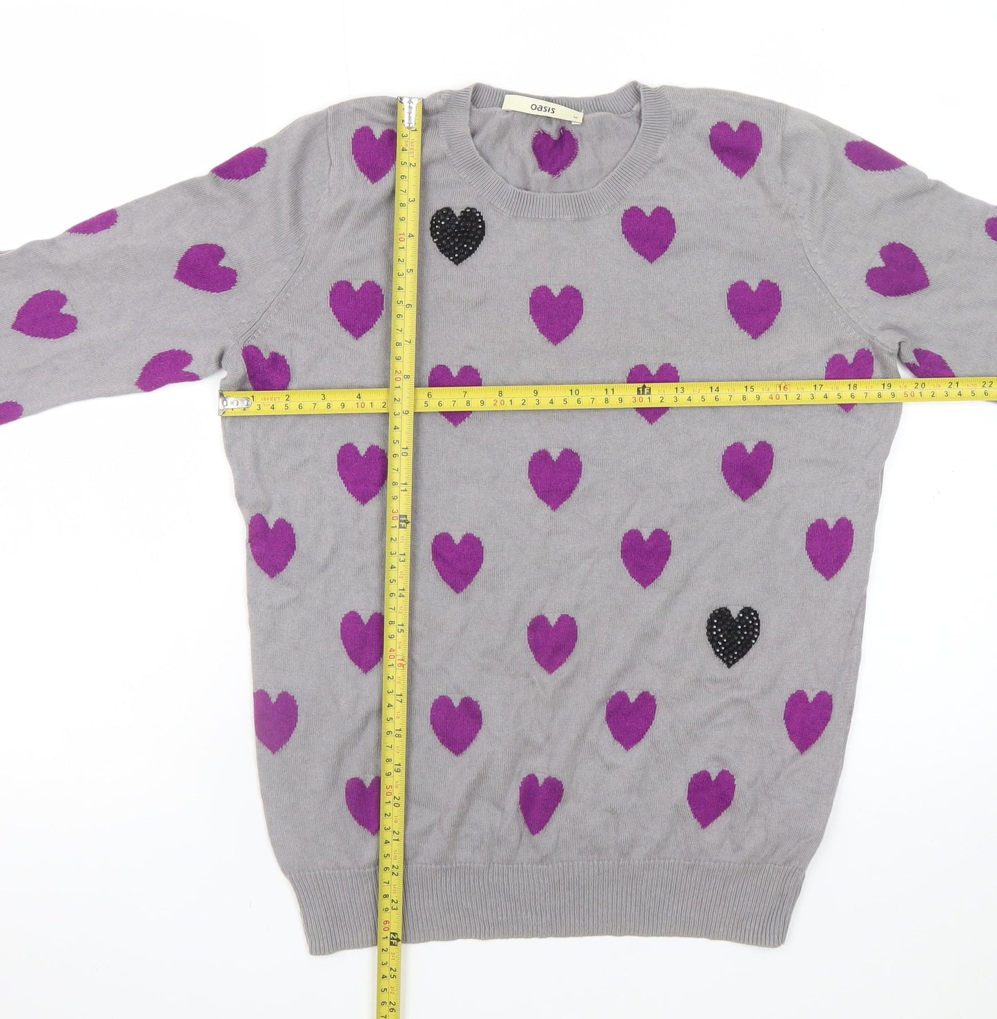 Oasis Women’s Grey Heart Print Pullover Jumper Size M