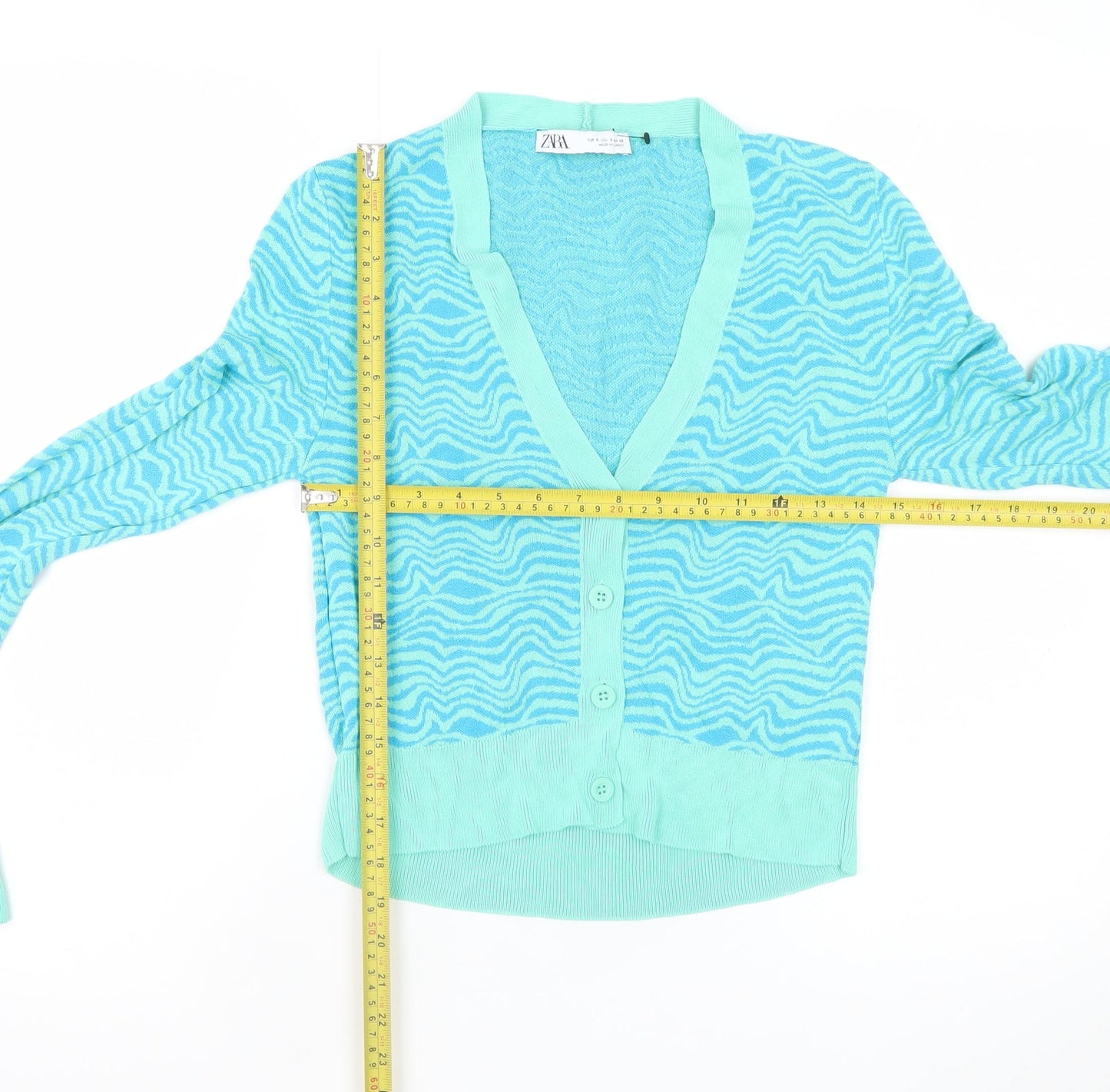 Zara Women’s Blue Animal Print V-Neck Button Cardigan Size S