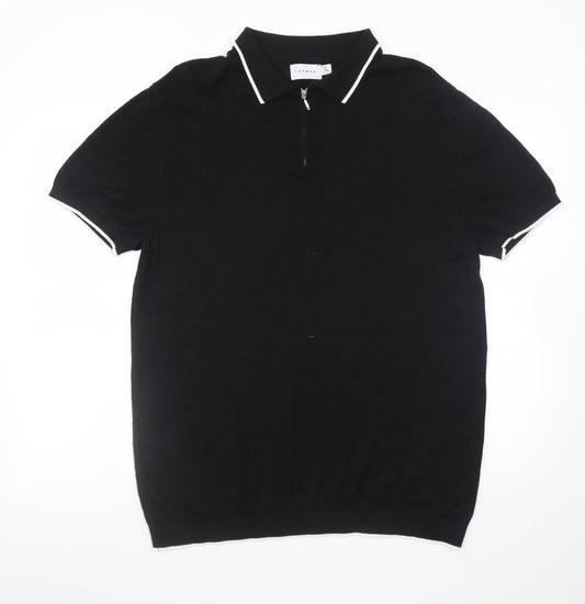 Topman Men's Black Collared Half Zip Short Sleeve Cotton T-Shirt XL