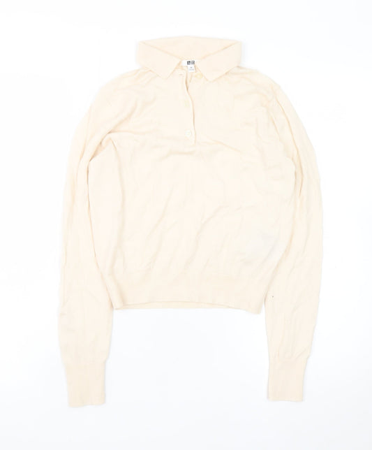 Uniqlo Women Beige Wool Collared Henley Jumper XS