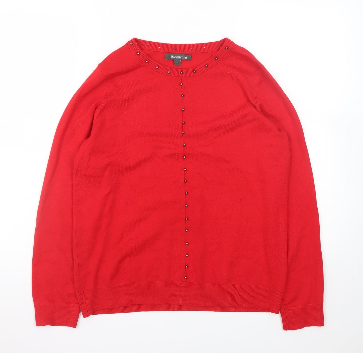 Bonmarché Women’s Red Beaded Crew Neck Long Sleeve Jumper Size 12