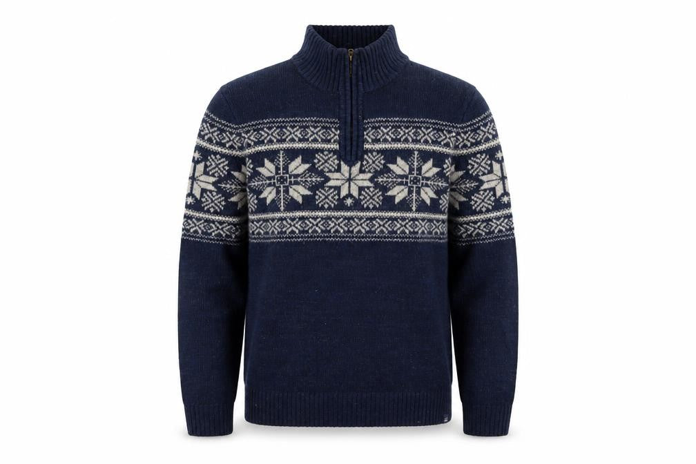 FatFace Men's Blue Fair Isle 1/2 Zip High Neck Wool Jumper Size M