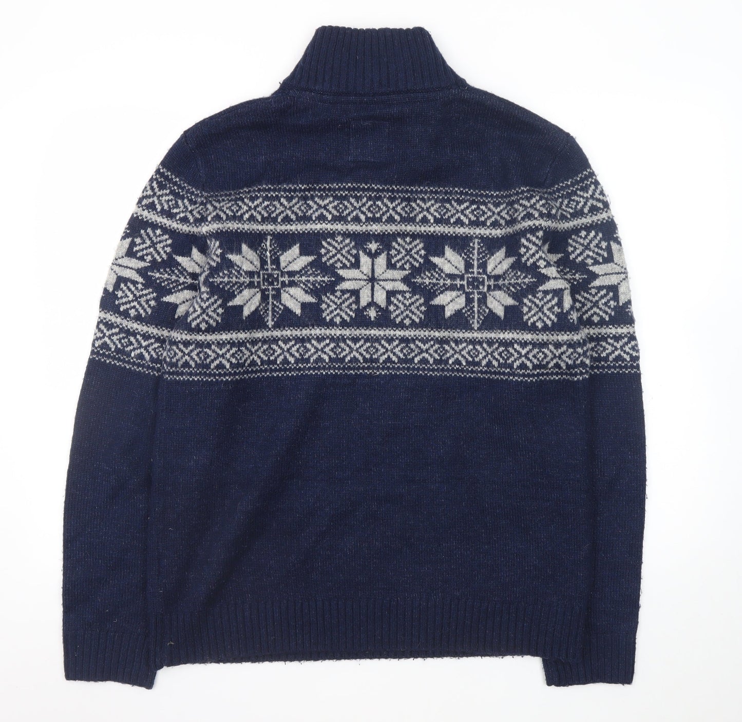 Fat Face Men's Blue Fair Isle 1/2 Zip High Neck Wool Jumper Size M