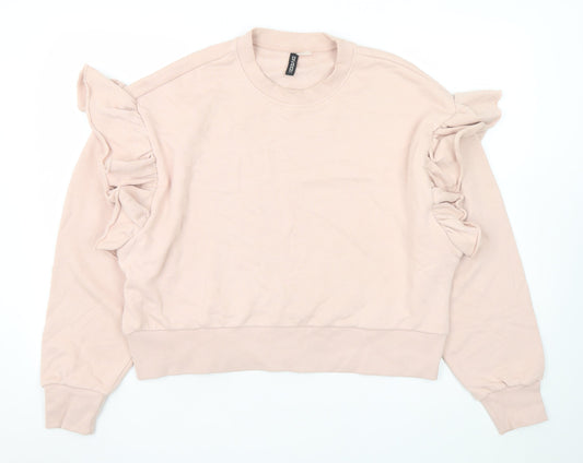 H&M Women Beige Ruffle Long Sleeve Pullover Sweatshirt XL