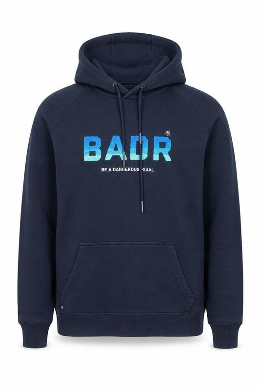BADR Men Blue Pullover Hoodie L Graphic Print Hooded Sweatshirt