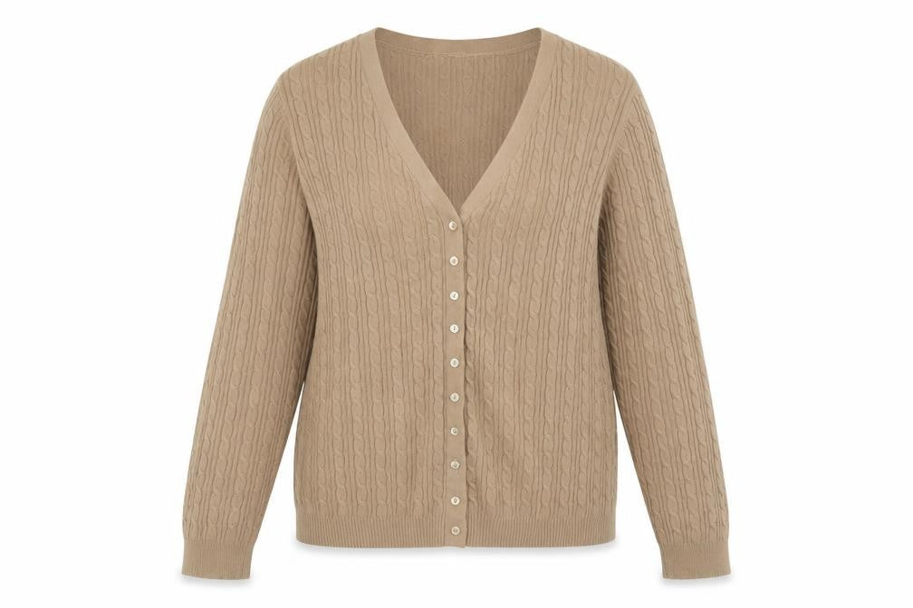 Country Casuals Women’s Beige Cable-Knit V-Neck Button Cardigan Size L