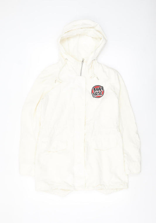 Yishion Women White Graphic Hooded Parka Jacket Size 10 Regular Fit