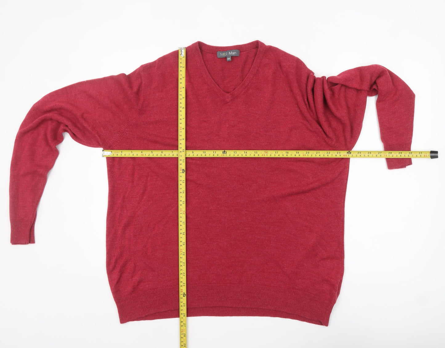 Marks and Spencer Mens Red XXL V-Neck Acrylic Jumper Classic Knitwear