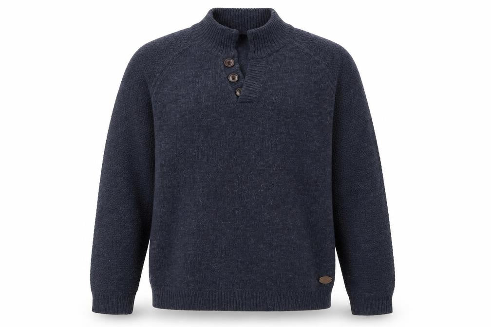 EASY Men’s Blue 2XL Henley Knit Jumper Wool Blend Warm Winter Pullover