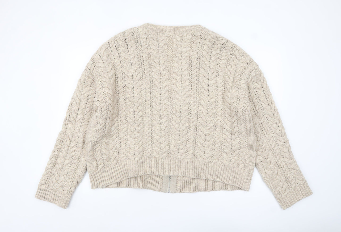 H&M Women Beige Cable-Knit Full Zip Wool Blend Cardigan Size L