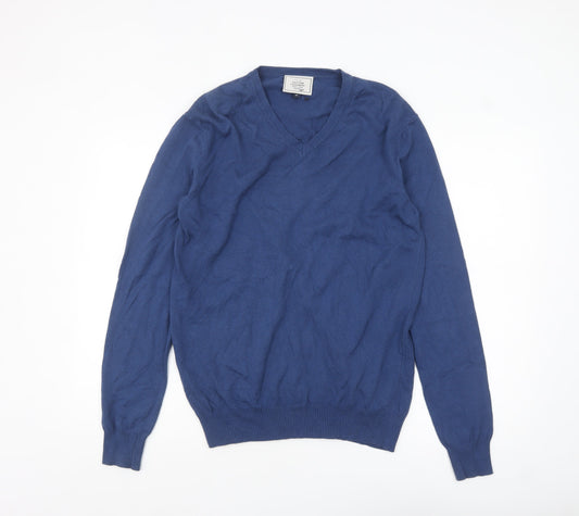 John Lewis Men's Blue V-Neck Cotton Cashmere Jumper Size M