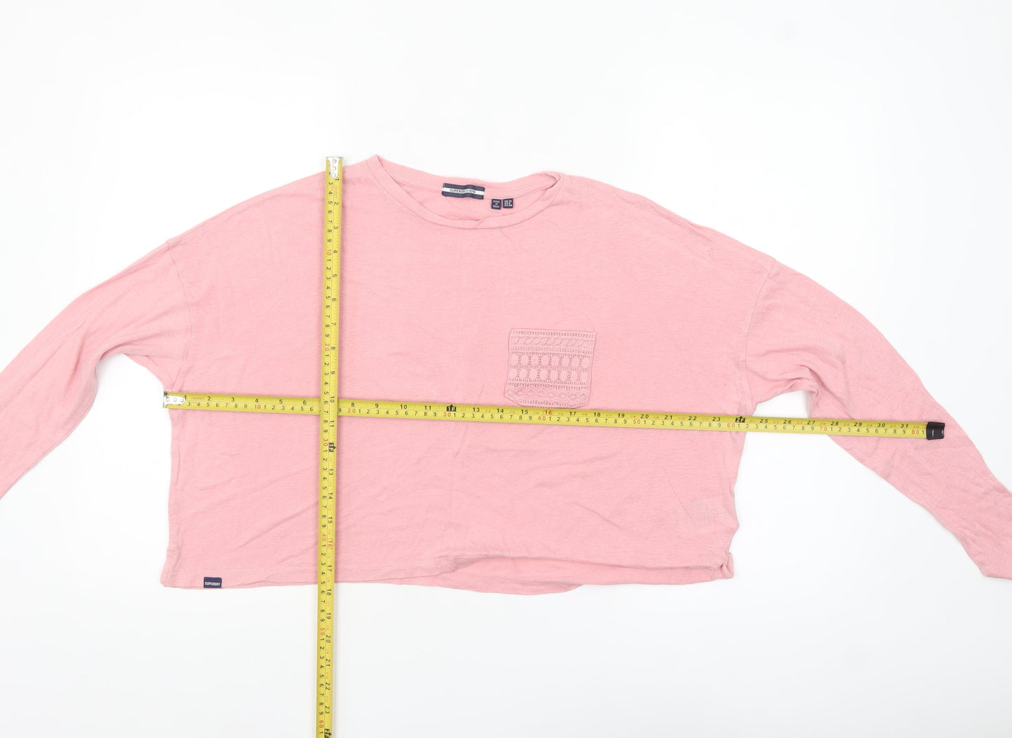 Superdry Women Pink Linen Cropped Long Sleeve T-Shirt UK10