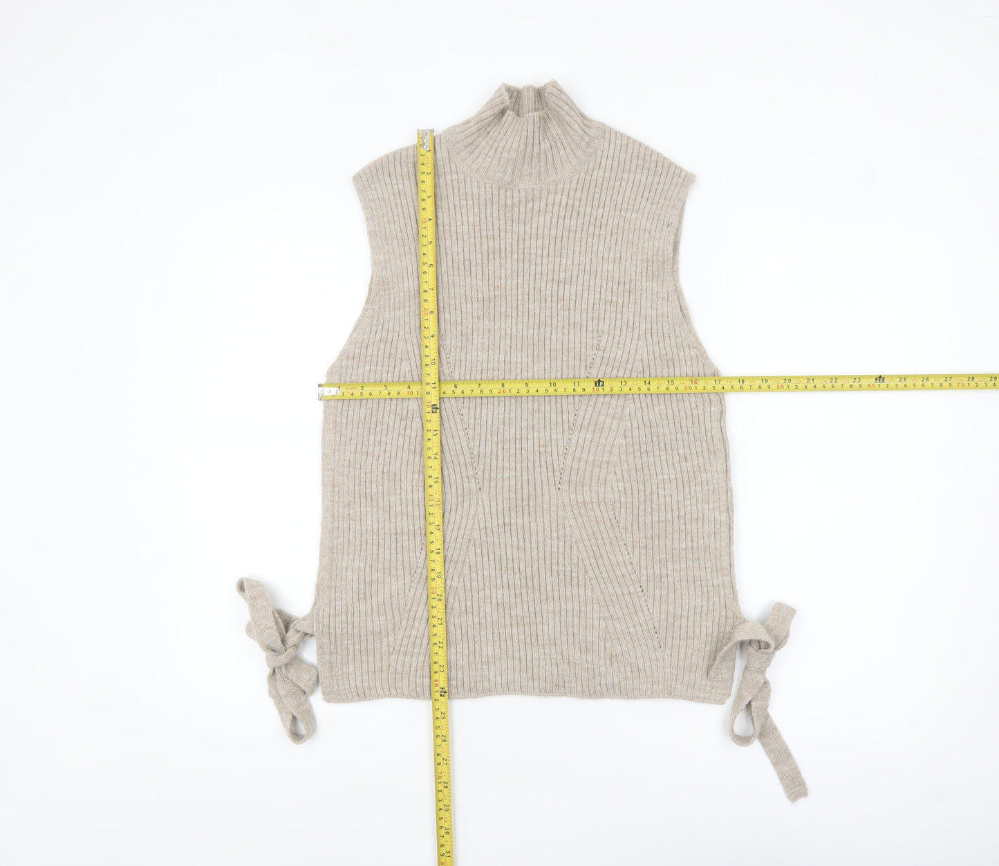 Lipsy London Women Beige Sleeveless Mock Neck Knit Tie Side Vest Jumper Size 10