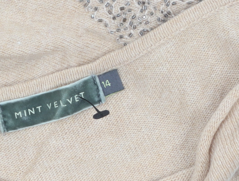 Mint Velvet Womens Beige Beaded Cap Sleeve Pullover Jumper Size 14