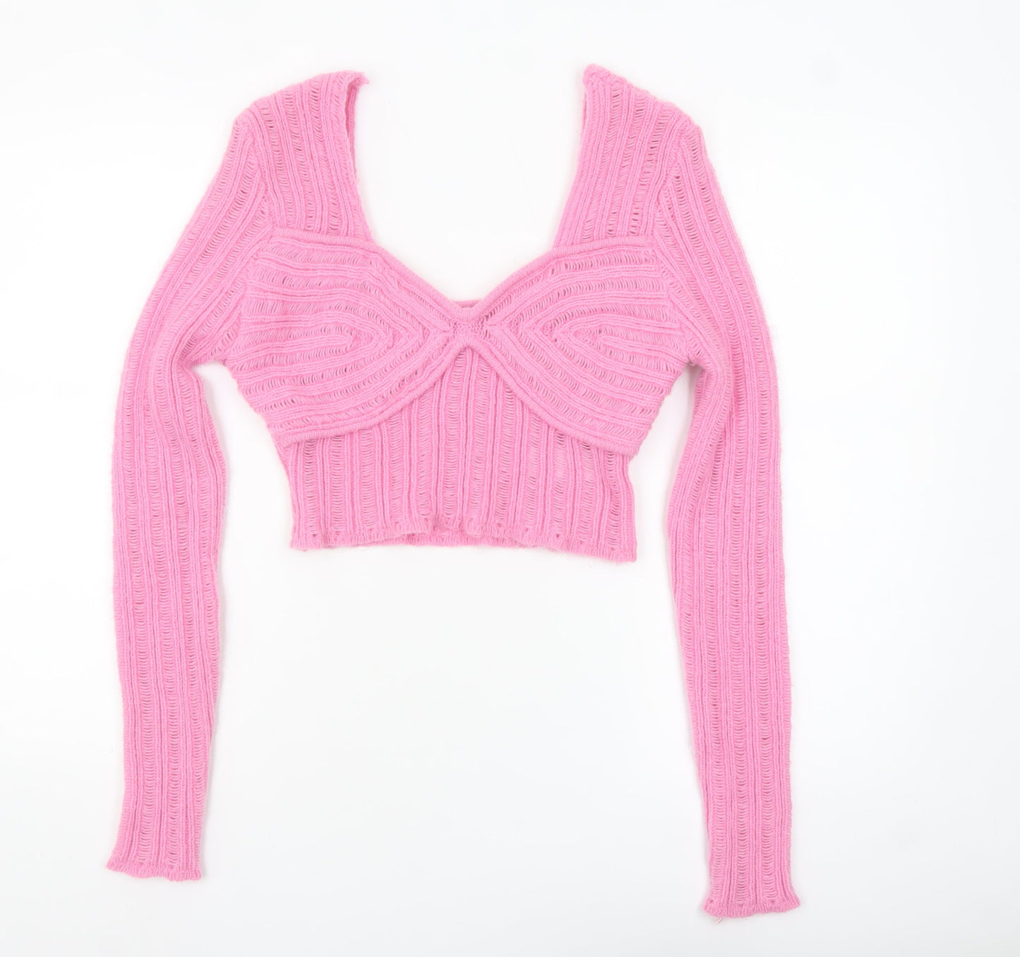 Nasty Gal Womens Pink V-Neck Long Sleeve Knit Cropped Jumper M
