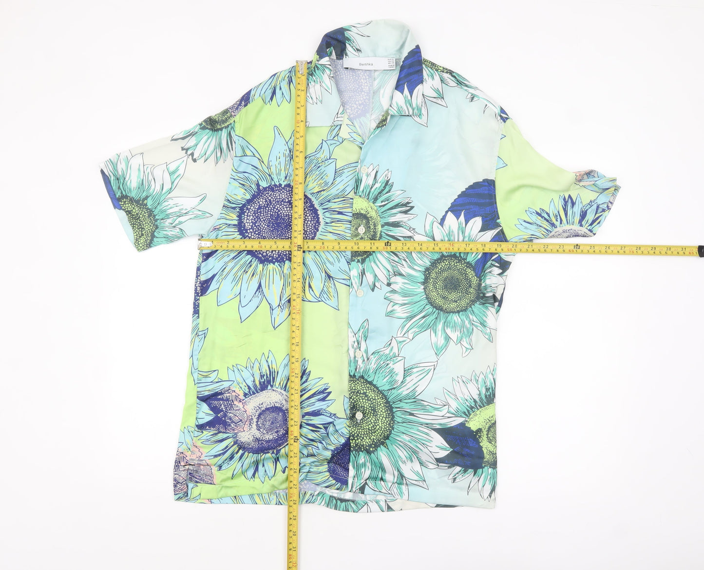 Bershka Men's XS Blue Floral Button-Up Shirt Summer Casual