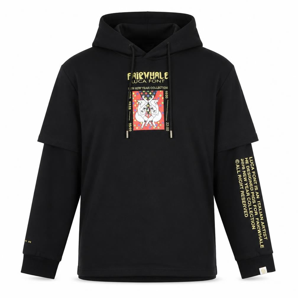 Fairwhale Men’s Black Graphic Pullover Hoodie L Art Design