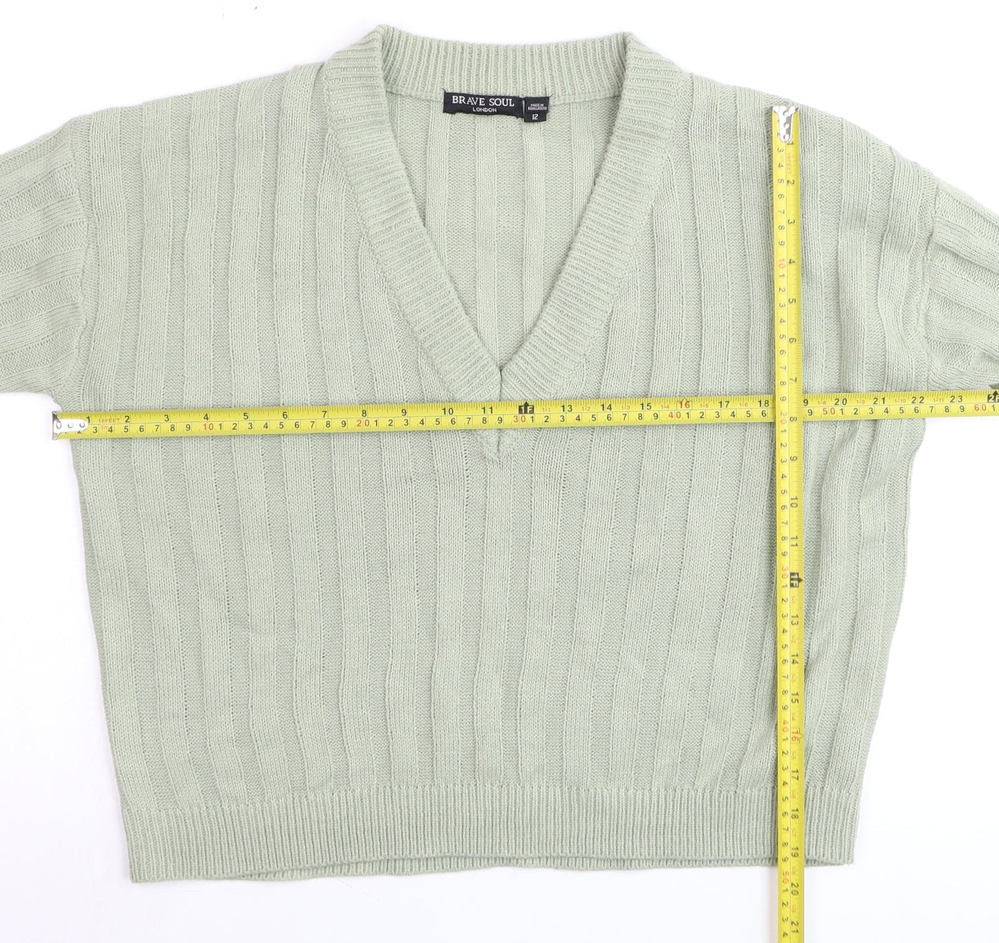 Brave Soul Women’s Green V-Neck Ribbed Knit Jumper Size 12
