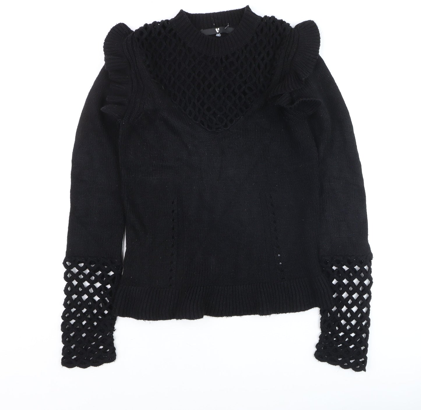 Very Women's Black Ruffle Crochet Knit Jumper Size 8