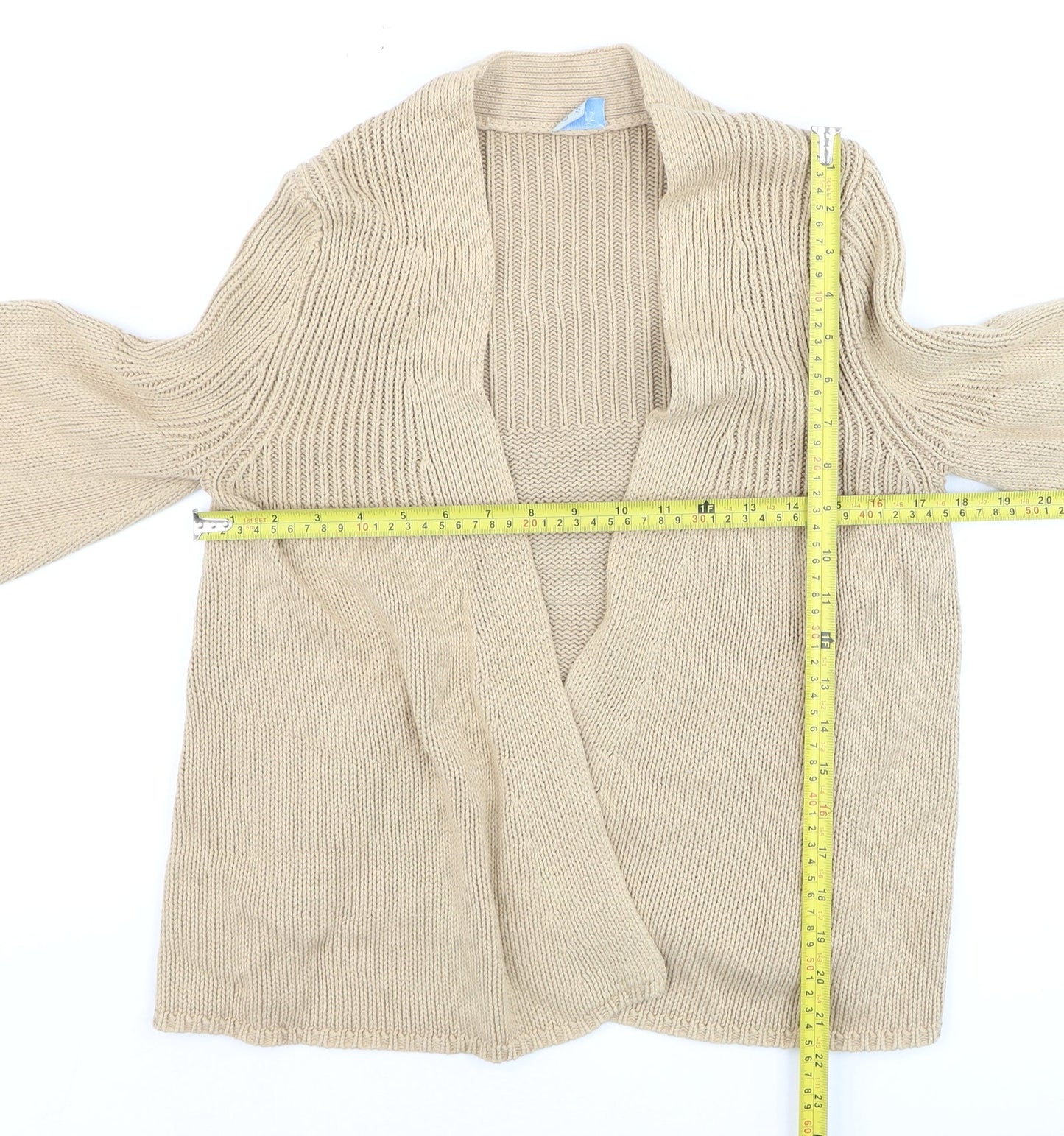 Oasis Women Beige 3/4 Sleeve Chunky Knit Open Cardigan Size 12