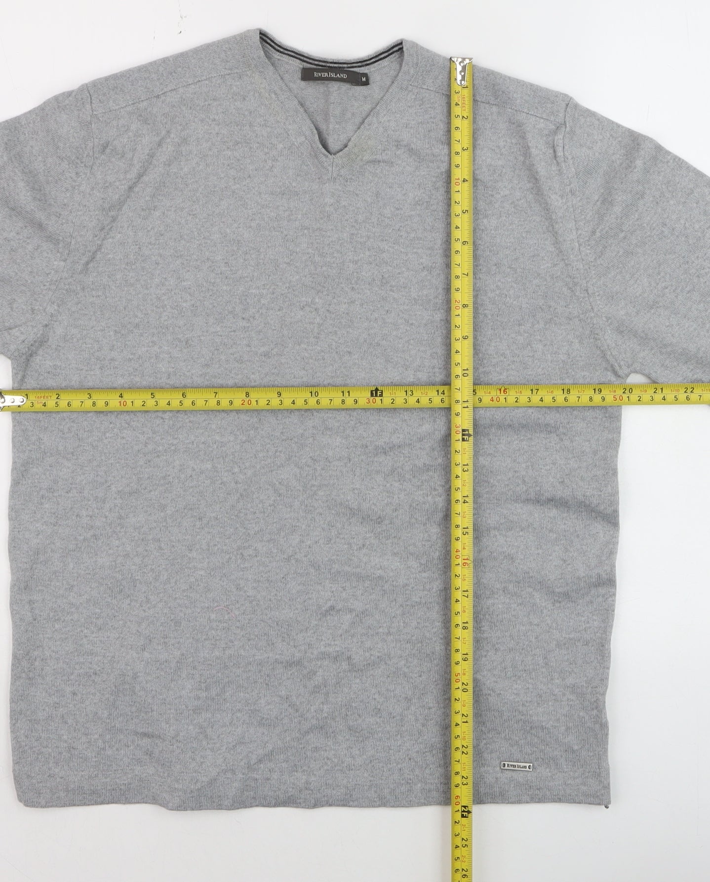 River Island Men's Grey V-Neck Merino Wool Blend Jumper M