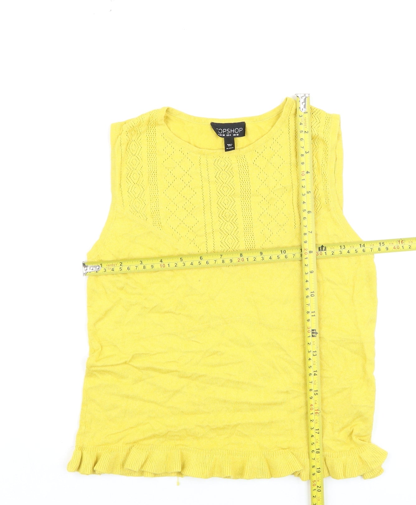Topshop Women’s Yellow Knit Sleeveless Ruffle Hem Tank Top Size 10