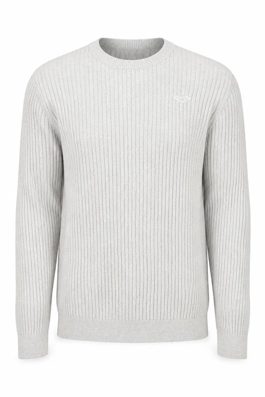 Hollister Men’s Beige Muscle Fit Ribbed Knit Cotton Jumper Size M
