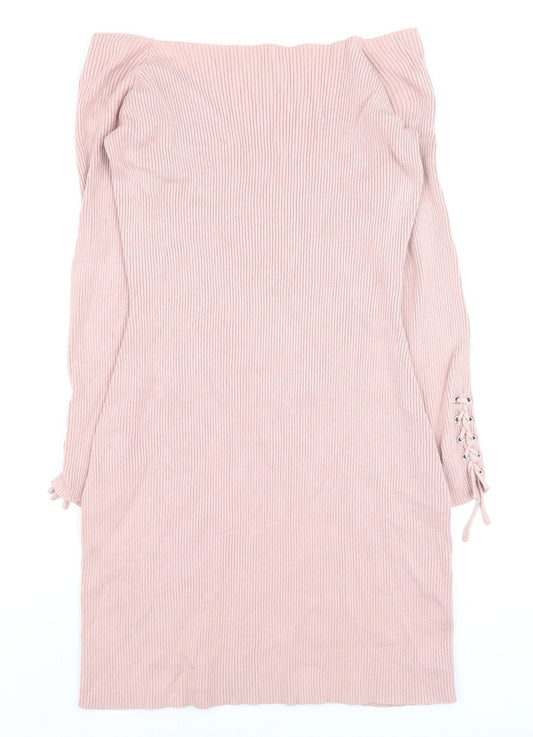 ASOS Women Pink Off Shoulder Rib Knit Bodycon Dress Size 10
