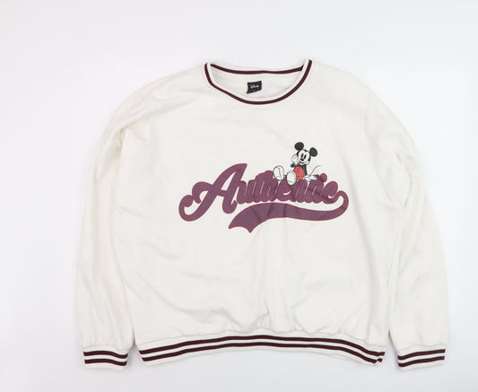 Disney Women White Mickey Mouse Crew Neck Pullover Sweatshirt XL