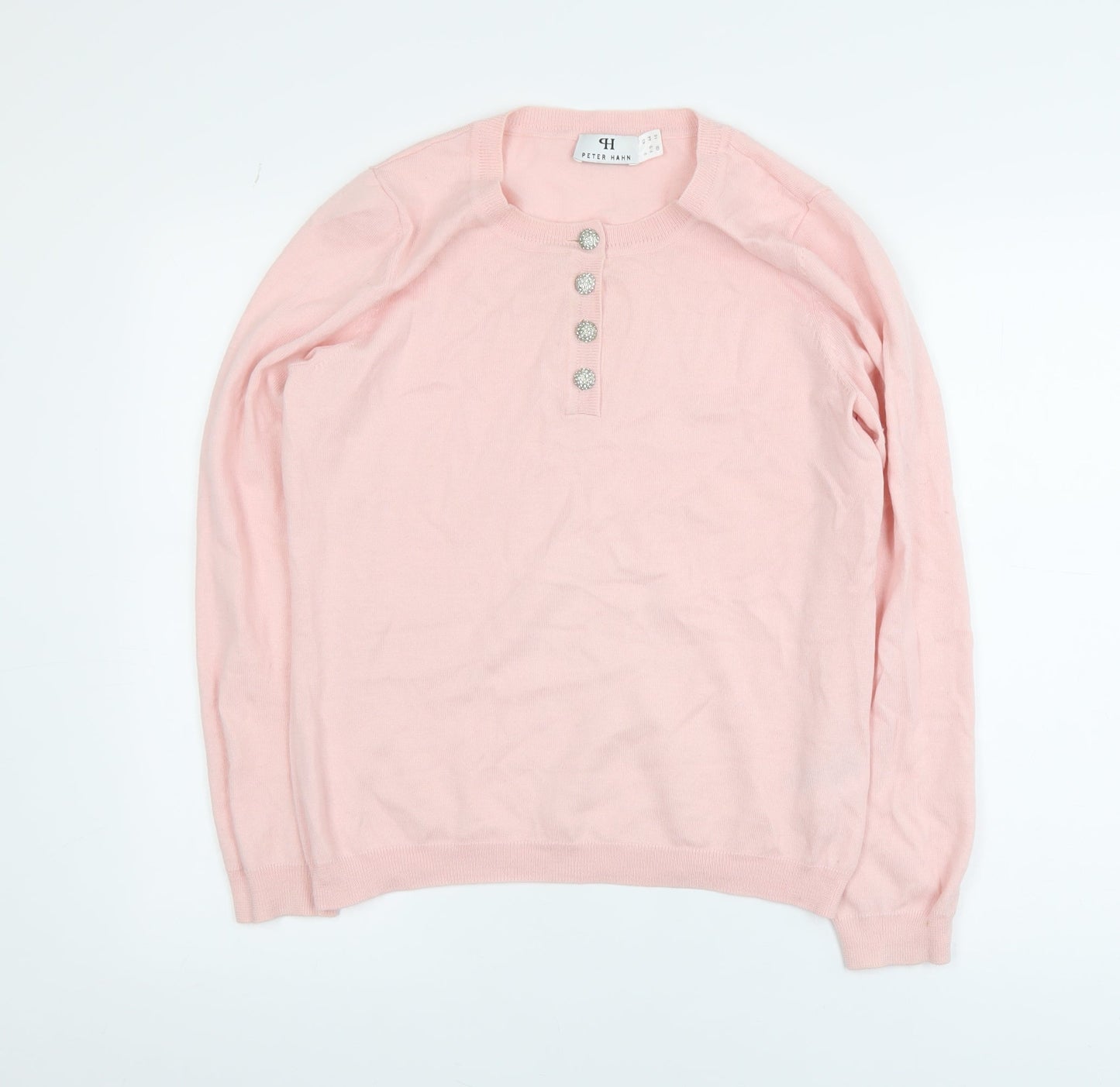 Peter Hahn Women's Pink Cotton Henley Jumper Size 16 Long Sleeve