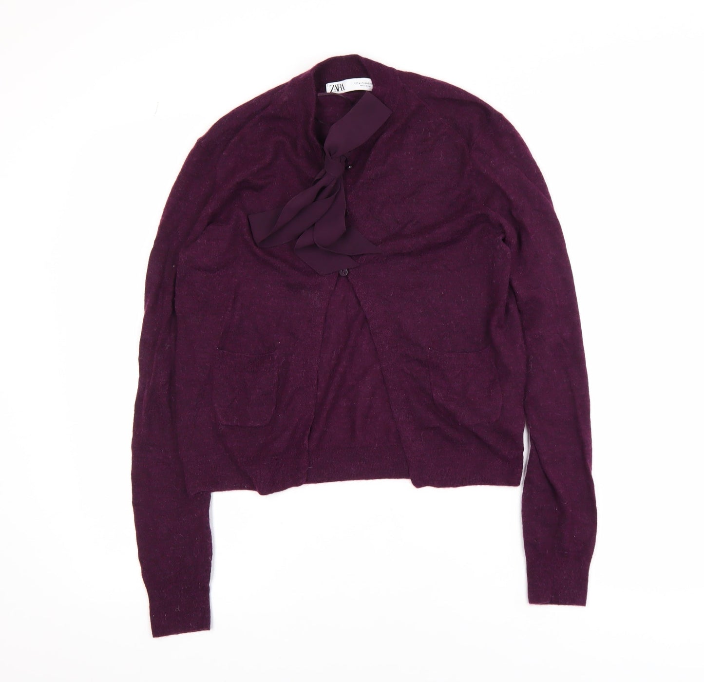 ZARA Women's Purple Bow Neck Cardigan Size 12 Long Sleeve Knit