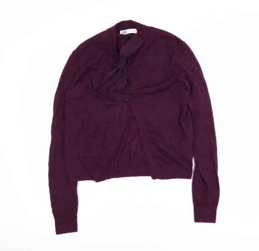 ZARA Women's Purple Bow Neck Cardigan Size 12 Long Sleeve Knit