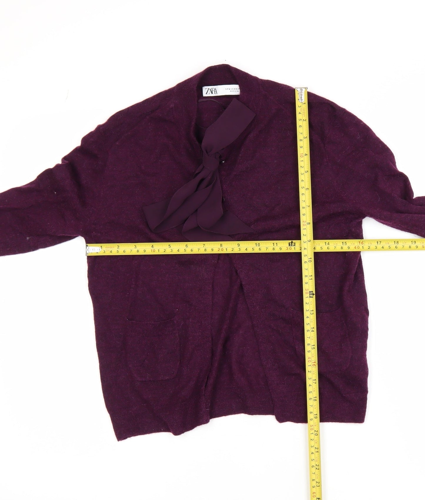 ZARA Women's Purple Bow Neck Cardigan Size 12 Long Sleeve Knit