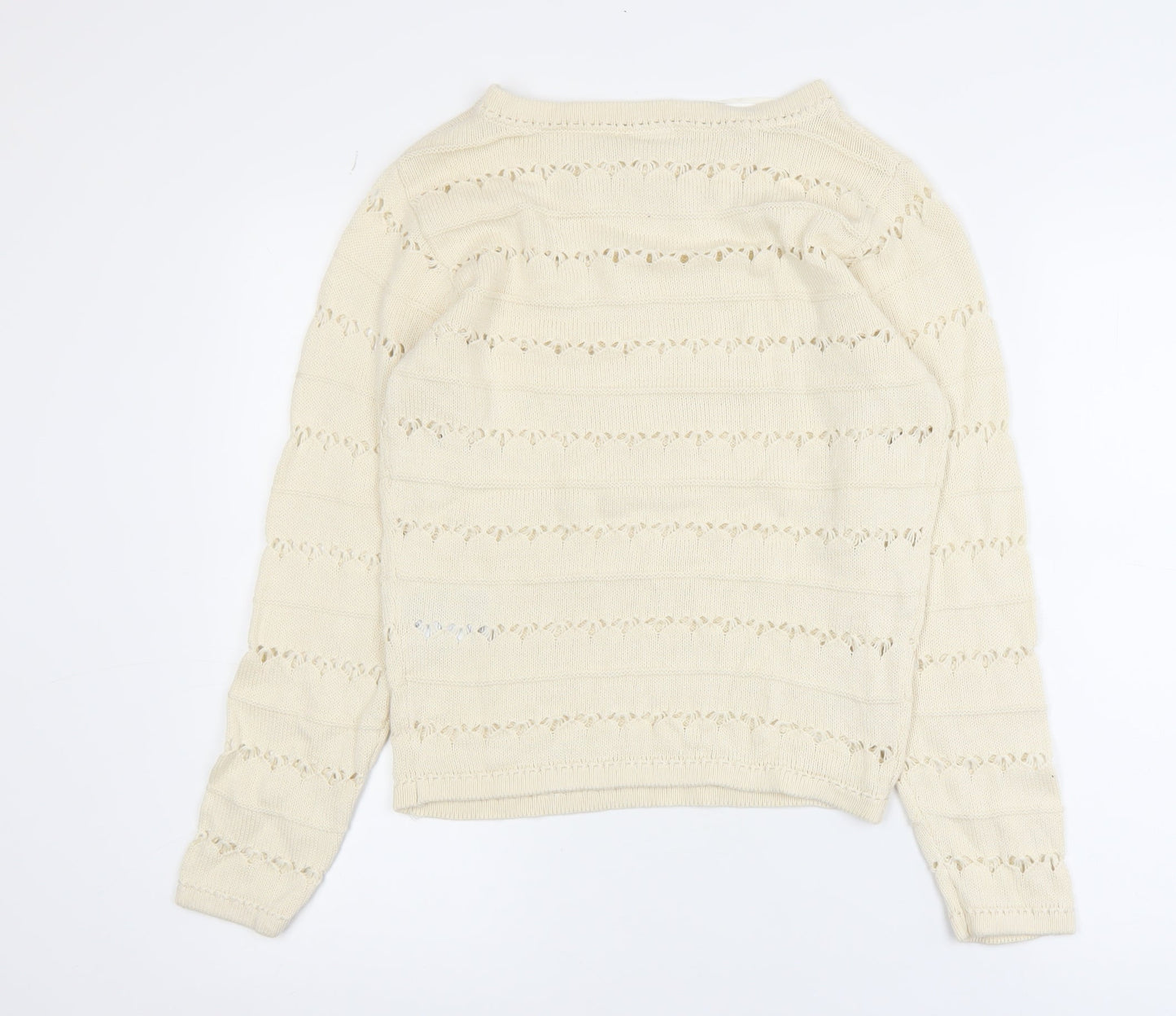 ICHI Women's Beige Open-Knit Cotton Jumper XS Lightweight Pullover