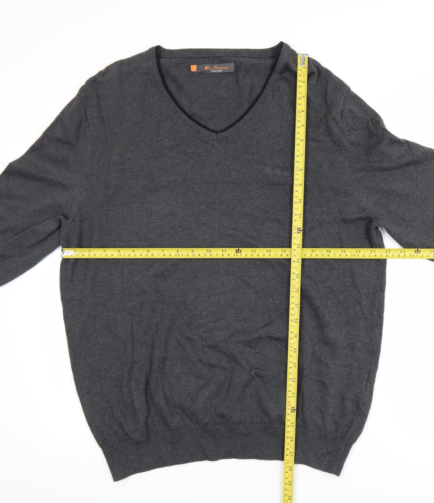 Ben Sherman Men's Grey Cotton V-Neck Pullover Jumper XL