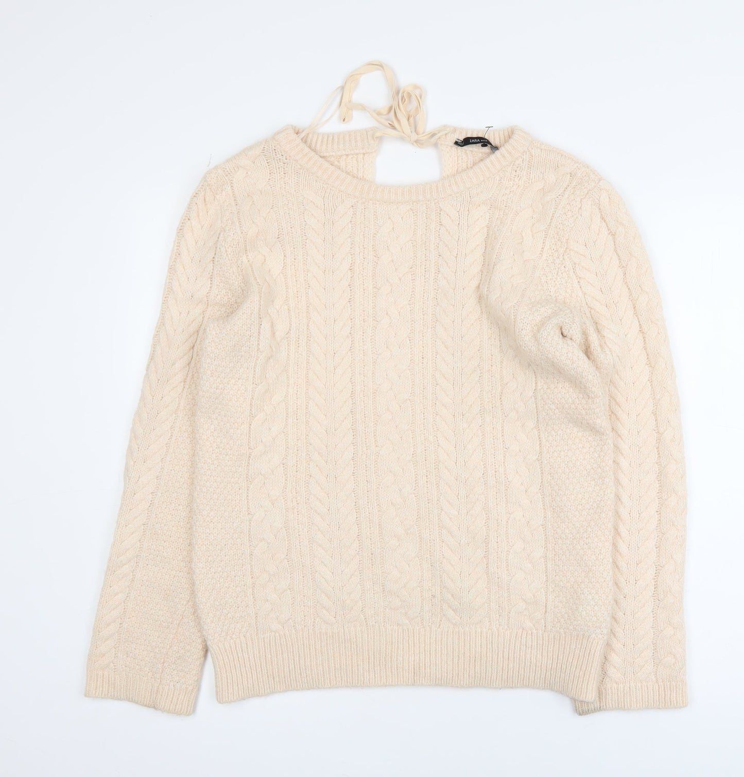 Zara Women Beige Cable-Knit Crew Neck Pullover Jumper Size L