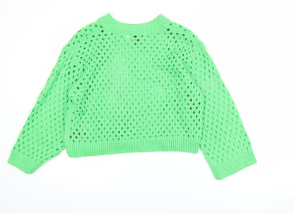 H&M Women Green Open-Knit Acrylic Pullover Jumper Size 12