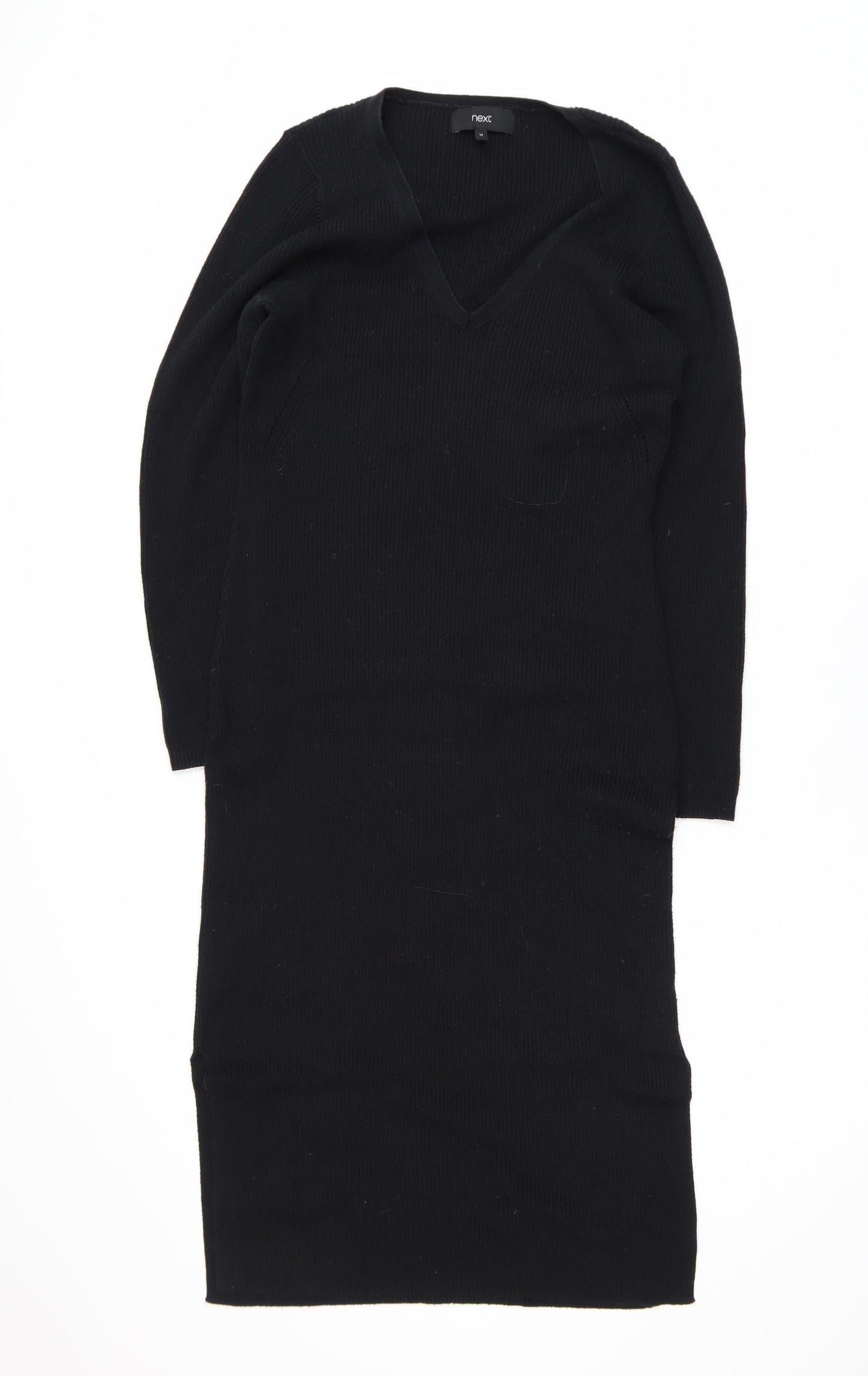 Next Women’s Black Knit Bodycon V-Neck Long Sleeve Dress Size 14