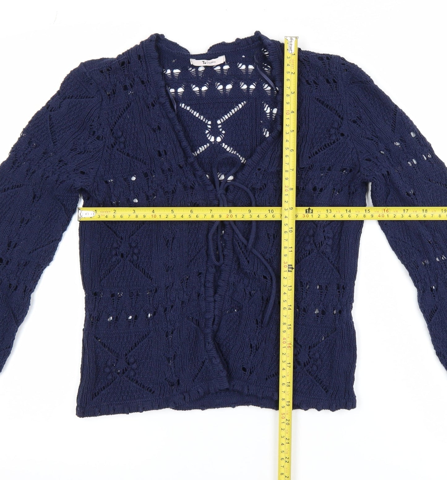 Tu Women Blue Crochet Knit Long Sleeve V-Neck Cardigan Size 8