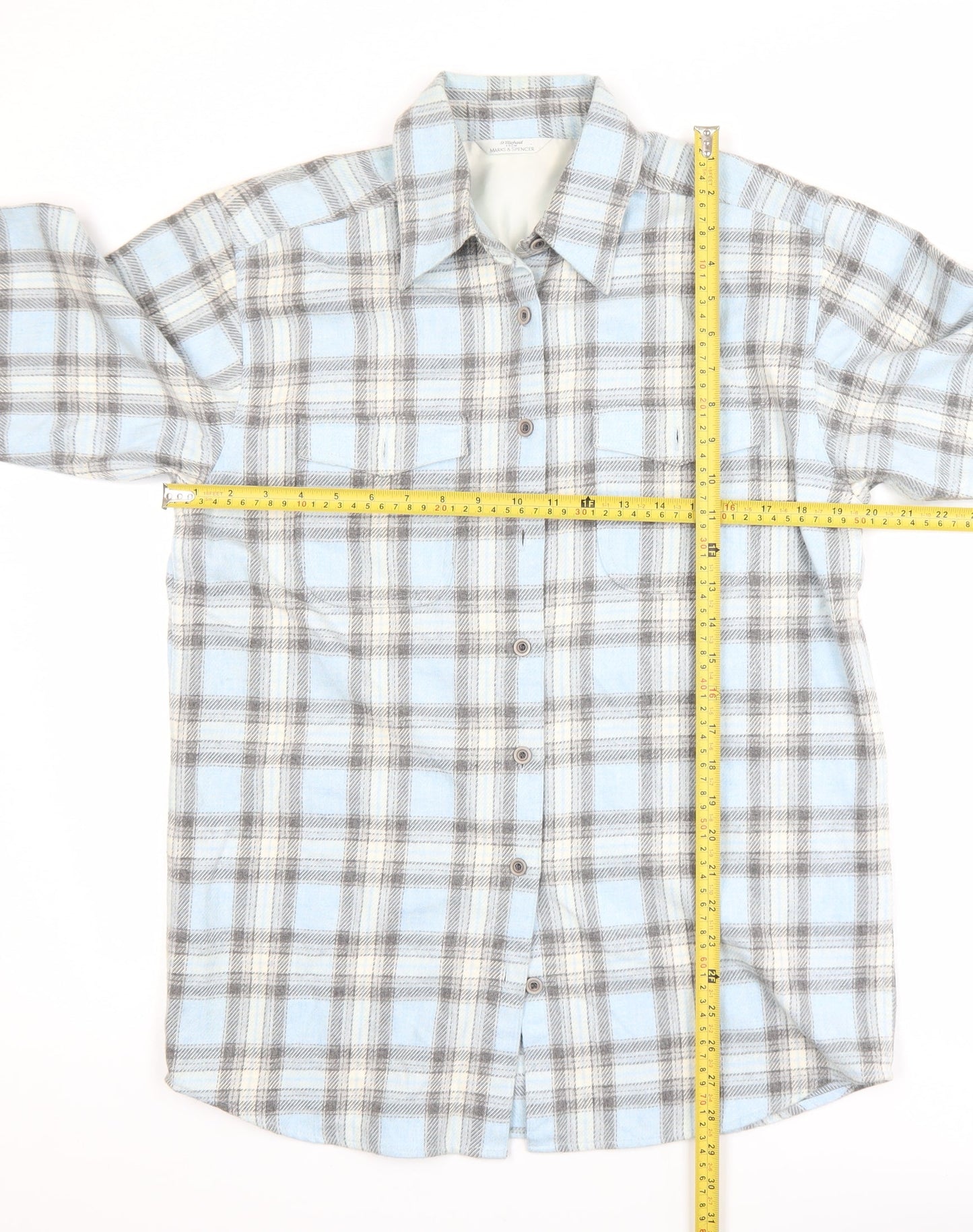 Marks and Spencer Men's Blue Plaid Flannel Long Sleeve Shirt M