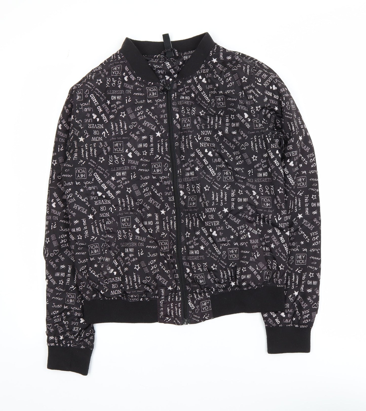 Flame Womens Black Printed Bomber Jacket Size 14 Polyester Zip Up