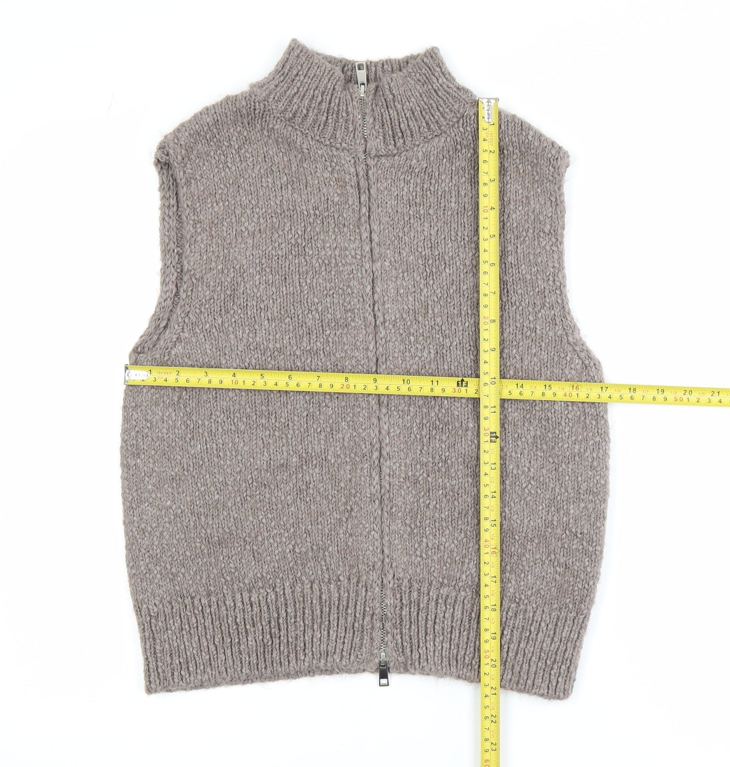 Marks and Spencer Women Beige Chunky Knit Full Zip Sleeveless Vest S