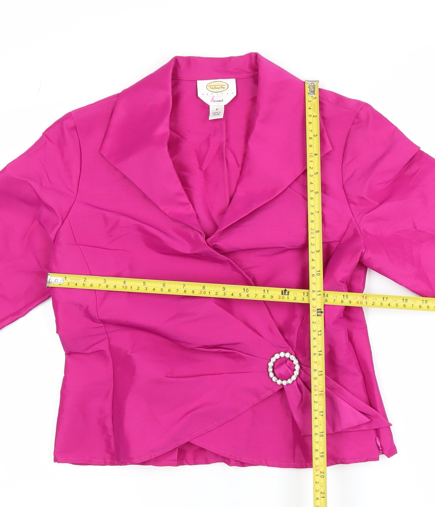 Talbots Petites Pink Satin Wrap Blouse Women’s Size 8 Long Sleeve Buckle Accent