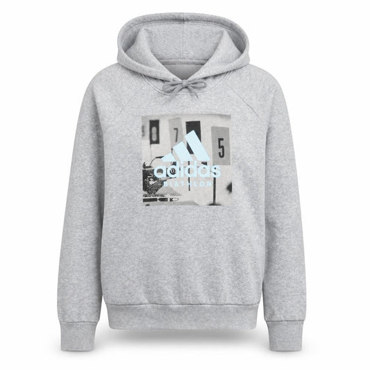 Front view of Adidas Women’s Grey Pullover Hoodie Small Biathlon Graphic Print