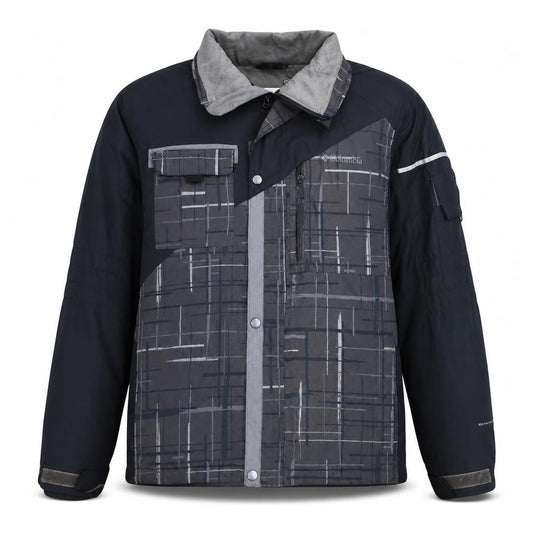 Front view of Columbia boys’ grey geometric waterproof lined winter puffer jacket 20 plus