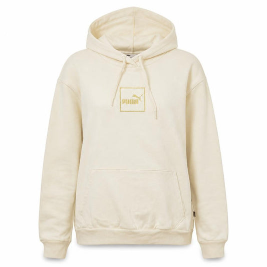 Front view of Puma Women Beige Pullover Hoodie Small Logo Embroidered Sweatshirt