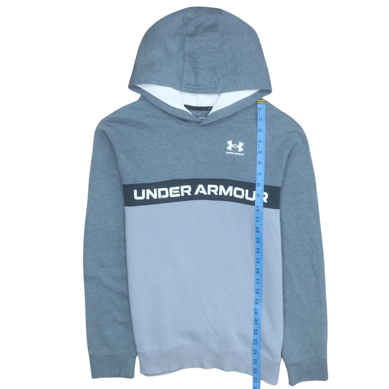 Under Armour Boys Blue Pullover Hoodie XL Colourblock Logo Fleece