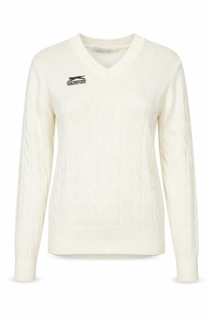 Slazenger Women's Ivory Cable-Knit V-Neck Jumper Size S